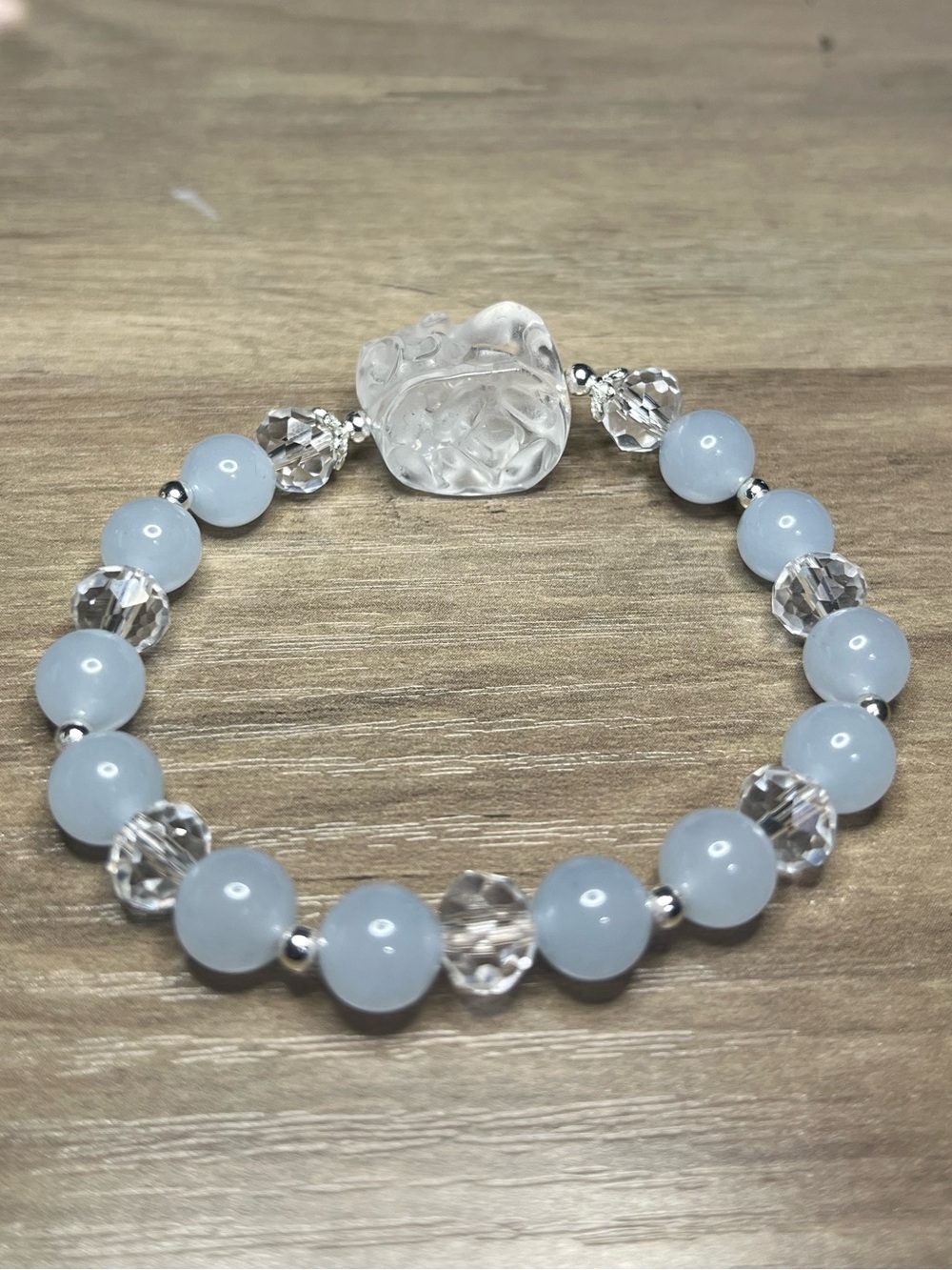 White Pixiu & Blue Jade Style Bracelet | Handmade Natural Stone Bracelet - Picture 3 of 5
